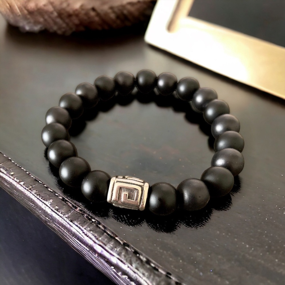 Orpheus Bracelet featuring 10mm matte onyx stones & stainless steel Greek key